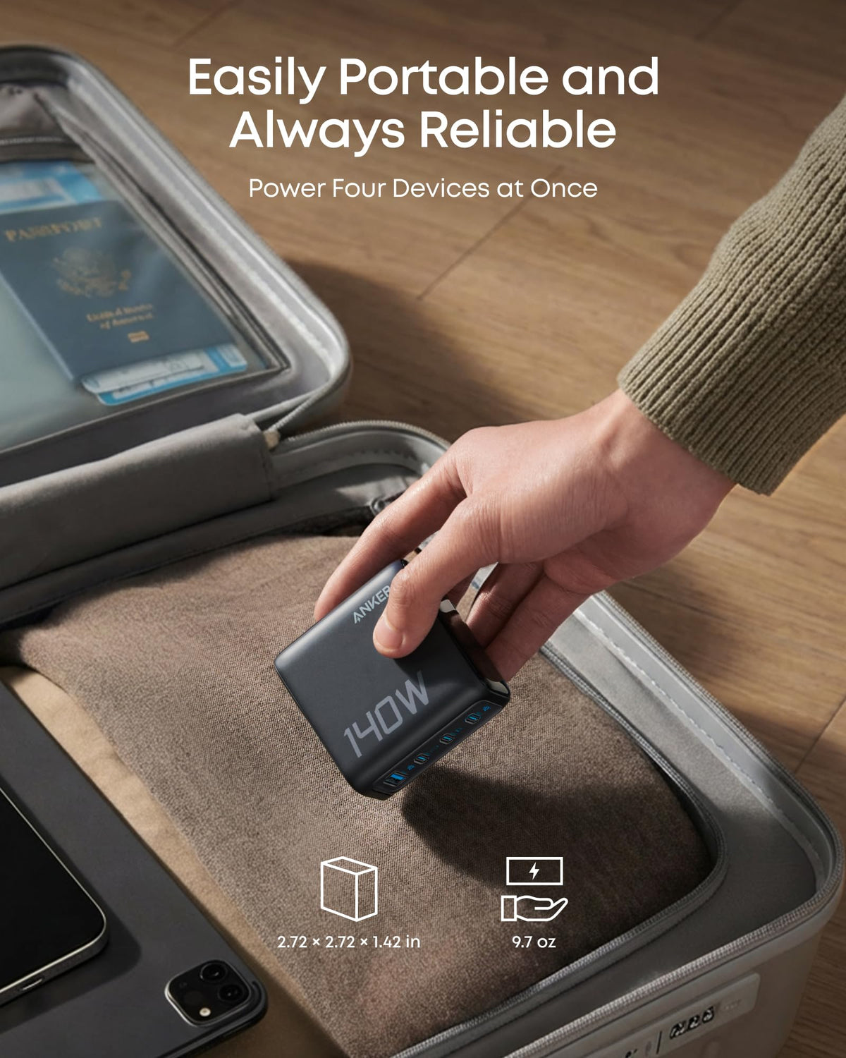 Anker charger includes a 5 ft USB-C to USB-C cable.
