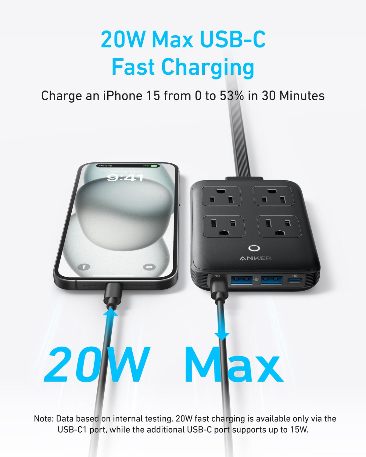 Anker on a desk powering laptop and phone to keep workspace tidy
