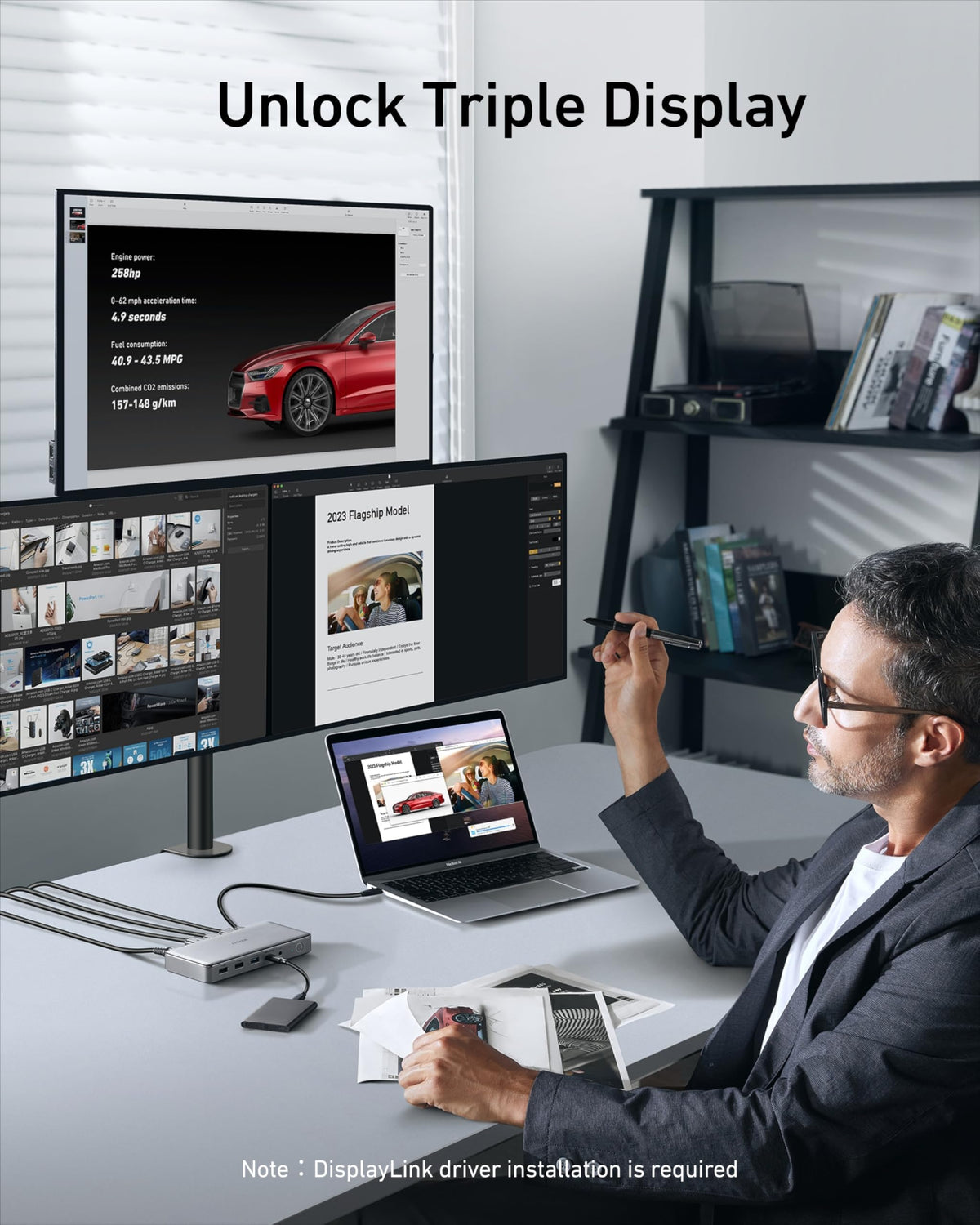 Anker DL6350 triple-display setup enabling multi-monitor workflow
