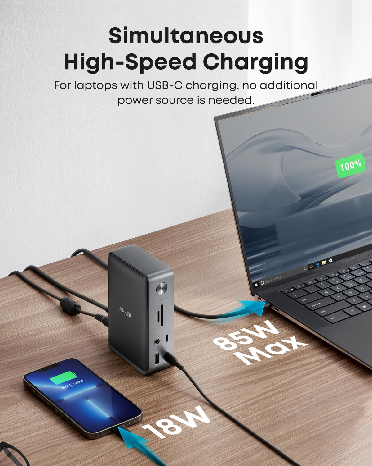 Anker dock shows 85W PD charging for laptop while other devices charge