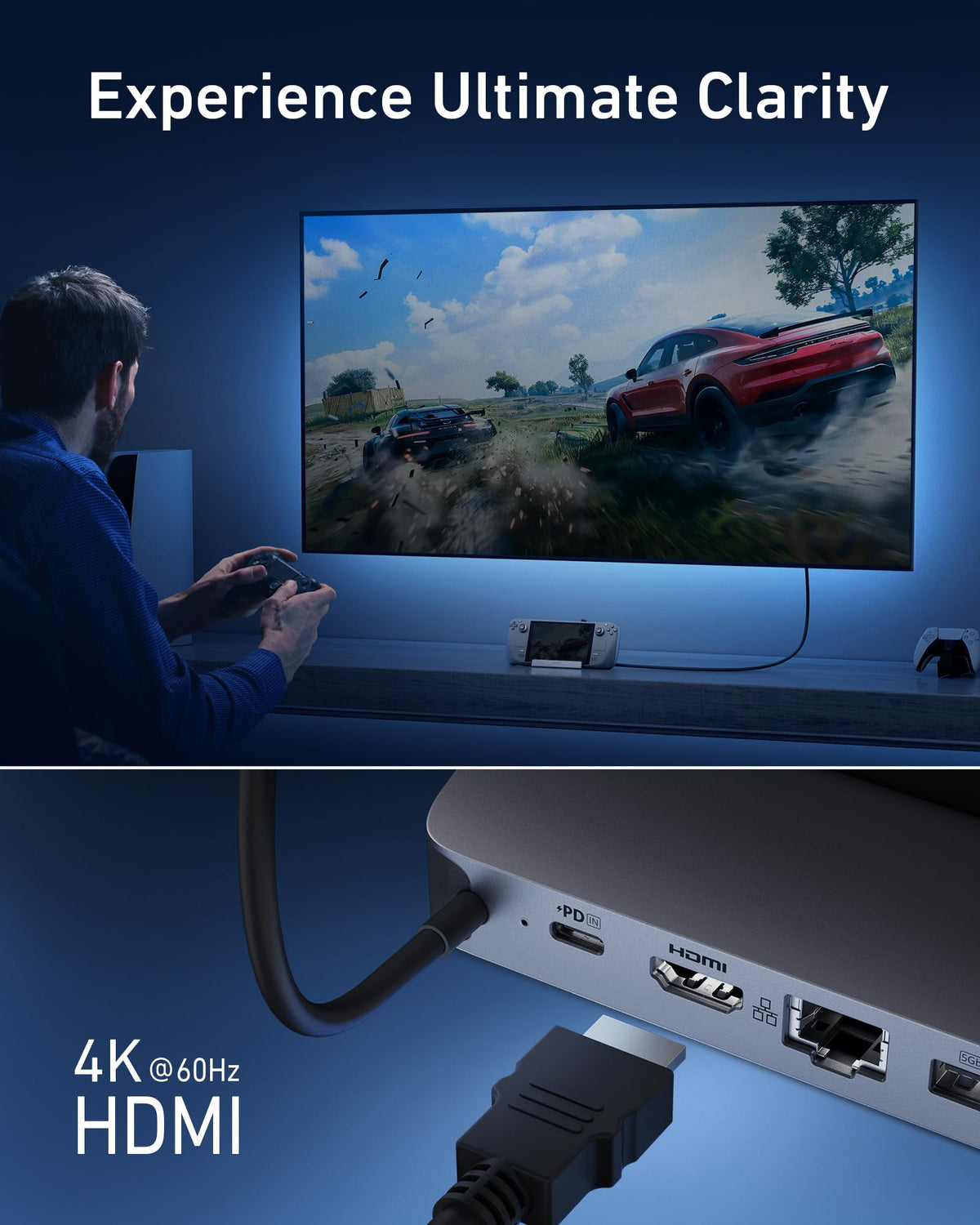 Anker dock HDMI output on TV delivering 4K@60Hz clarity for big-screen play