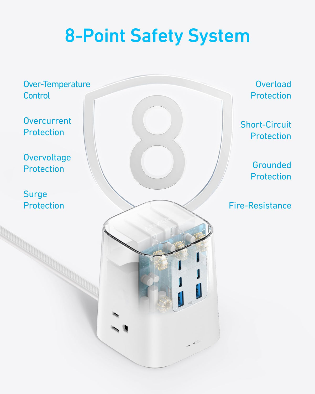 Anker flat plug and 5ft cord detail for low-profile furniture placement