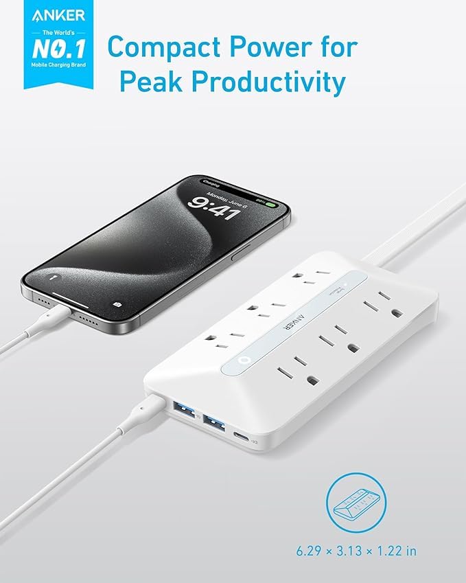 Anker flat plug close-up fits flush to wall for space-saving benefit