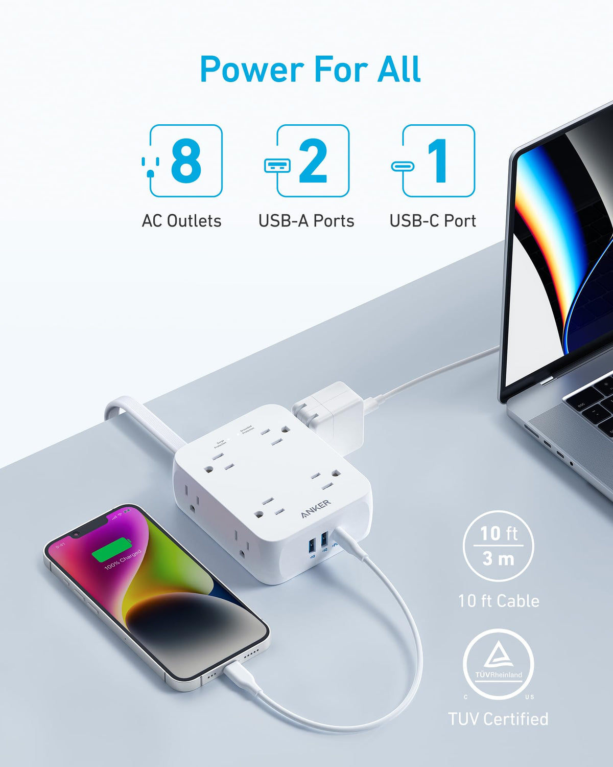 Anker flat plug closeup illustrating low-profile design for tight wall spaces