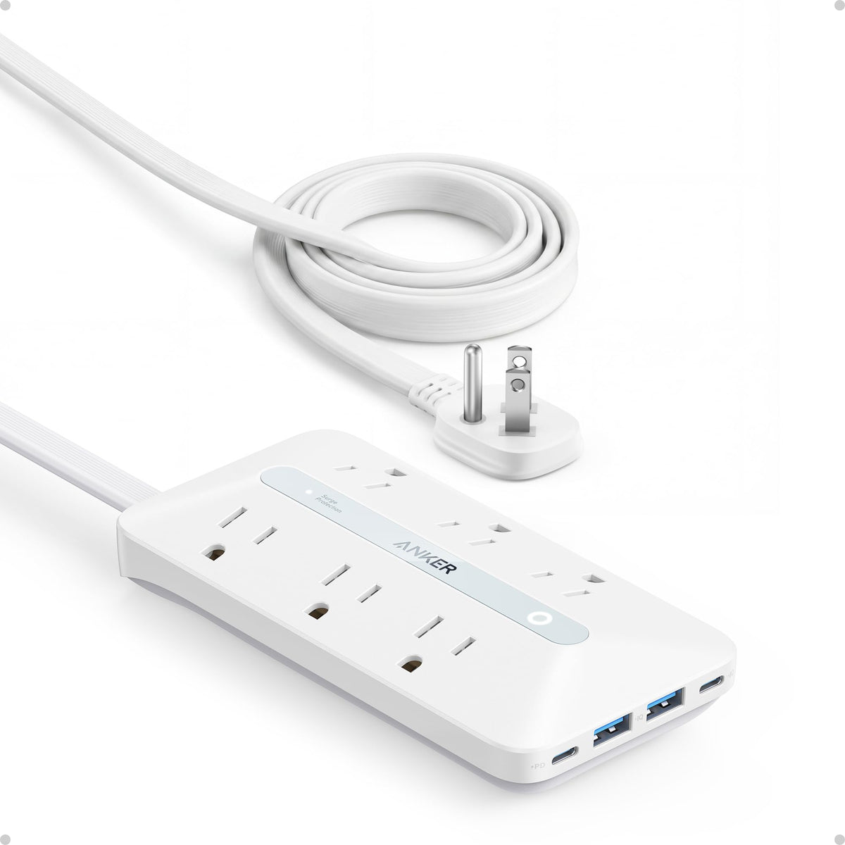 Anker front view power strip showing outlets and ports for neat charging