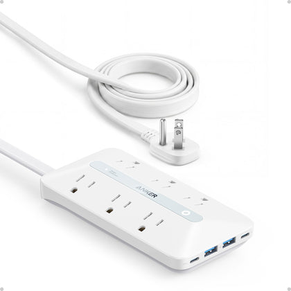 Anker front view power strip showing outlets and ports for neat charging