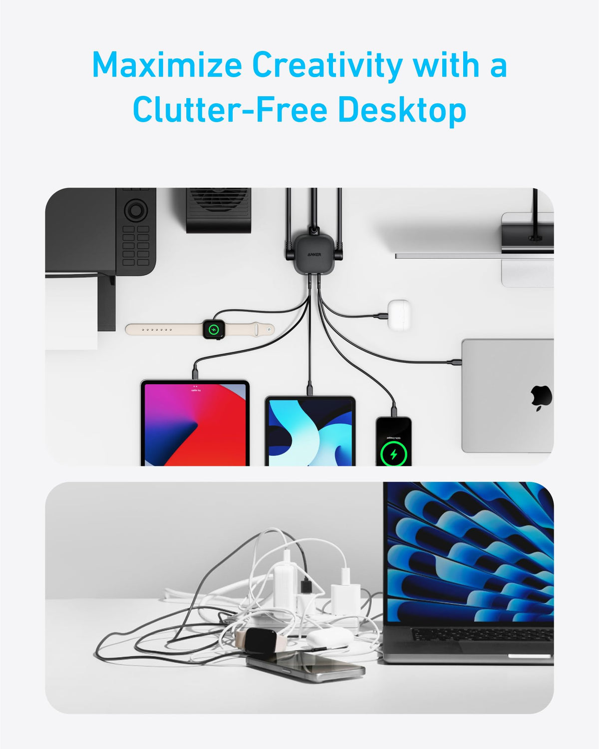 Anker lifestyle home office setup portraying tidy multi-device charging