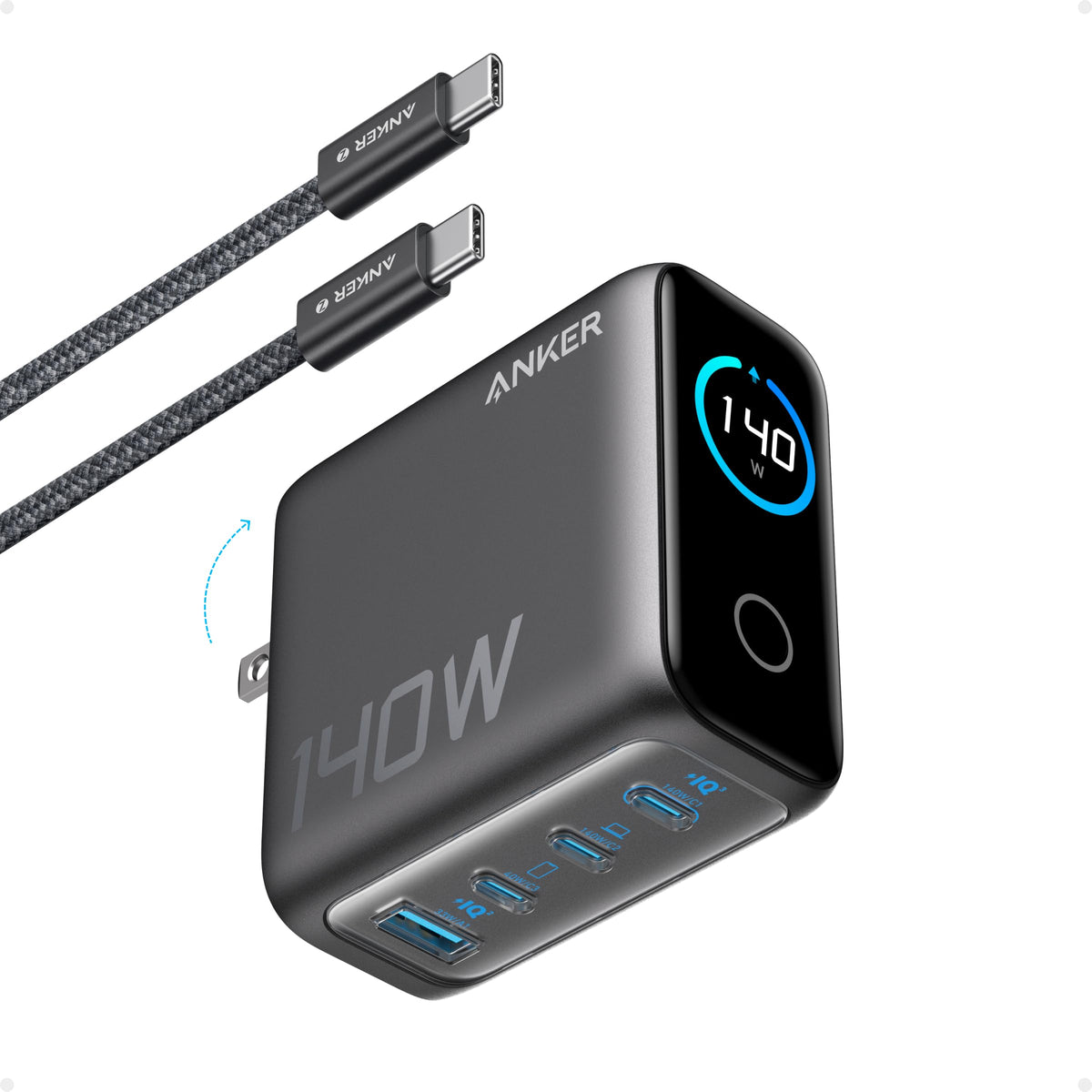 Anker MacBook Pro charger with four ports and GaN display keeps charging status visible.