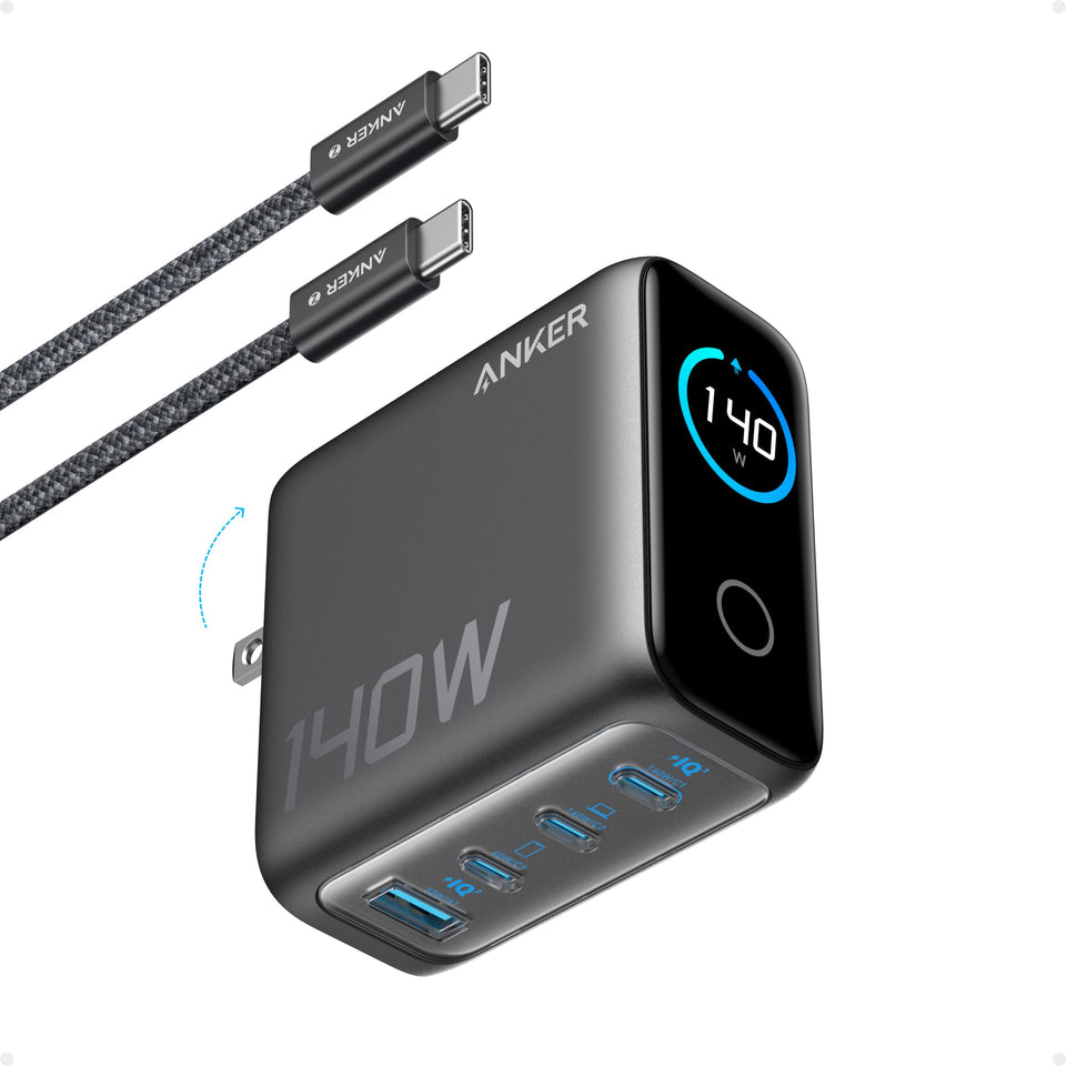 Anker MacBook Pro charger with four ports and GaN display keeps charging status visible.