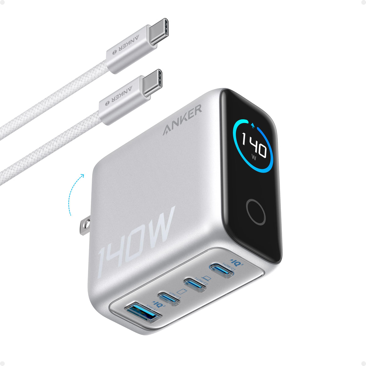 Anker 140W GaN charger front view with four ports for versatile charging on-the-go