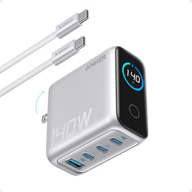 Anker 140W GaN charger front view with four ports for versatile charging on-the-go