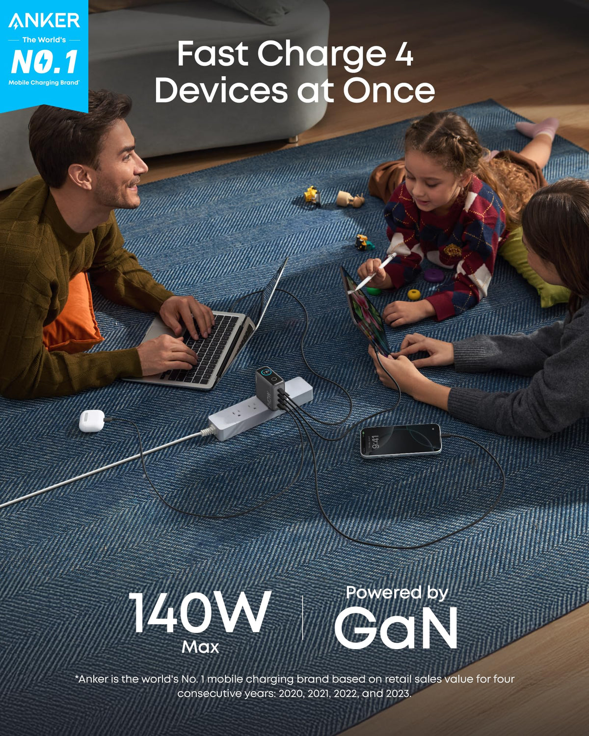 Anker MBP charger with dual USB-C ports enables rapid multi-device charging.