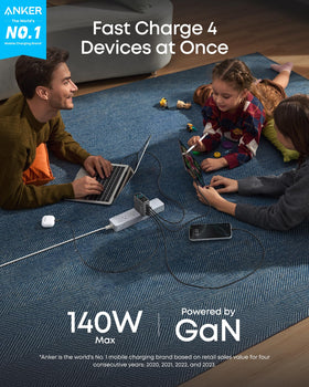 Anker MBP charger with dual USB-C ports enables rapid multi-device charging.