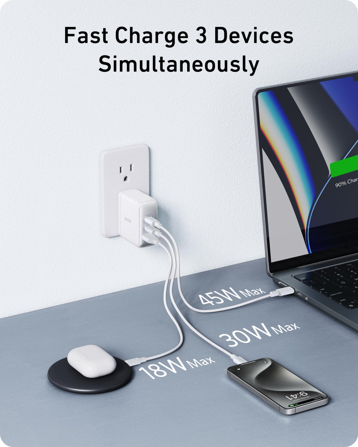 Anker Nano 100W charging laptop phone and earbuds simultaneously for convenience