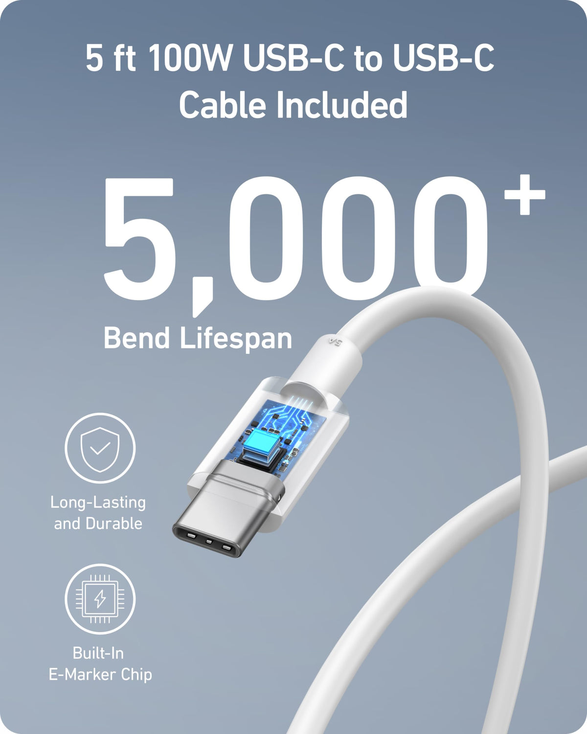 Anker Nano 100W paired with included 5 ft USB-C cable for durable charging