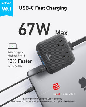 Anker Nano flat plug and 5ft cord neatly positioned for tight outlet spaces