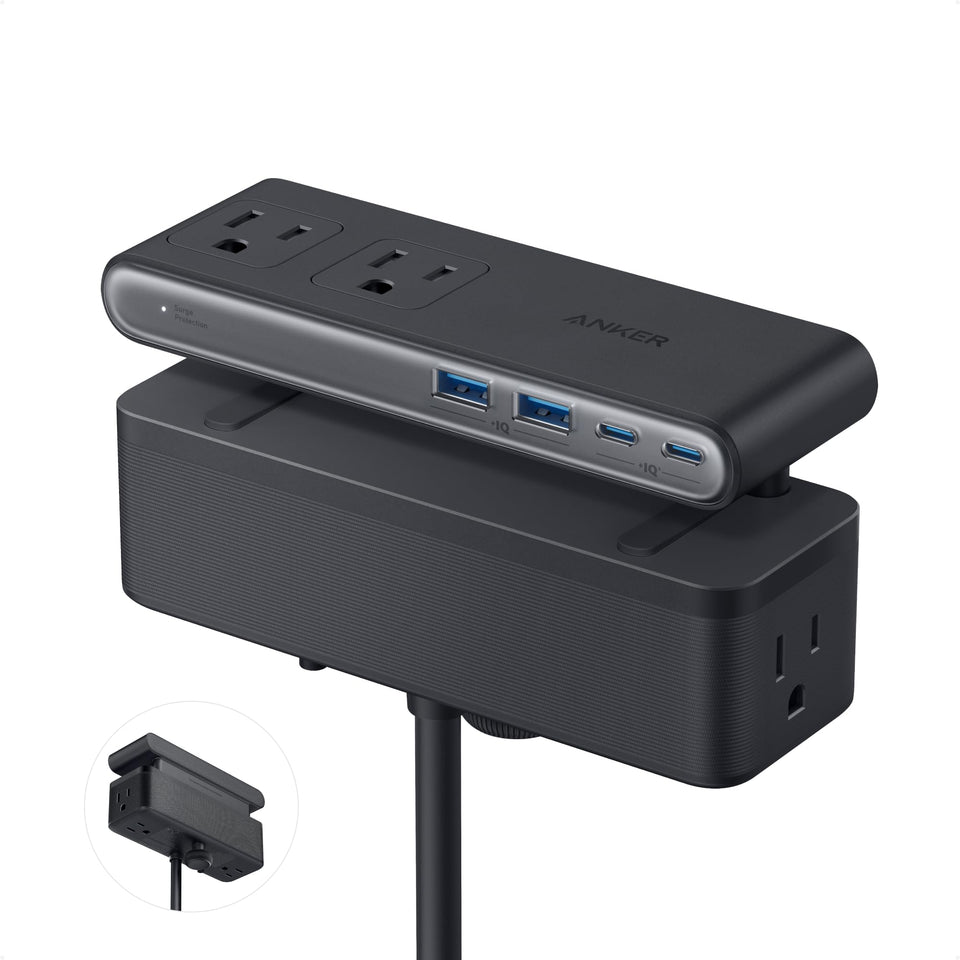Anker Nano Power Strip top view showing six outlets for organized charging