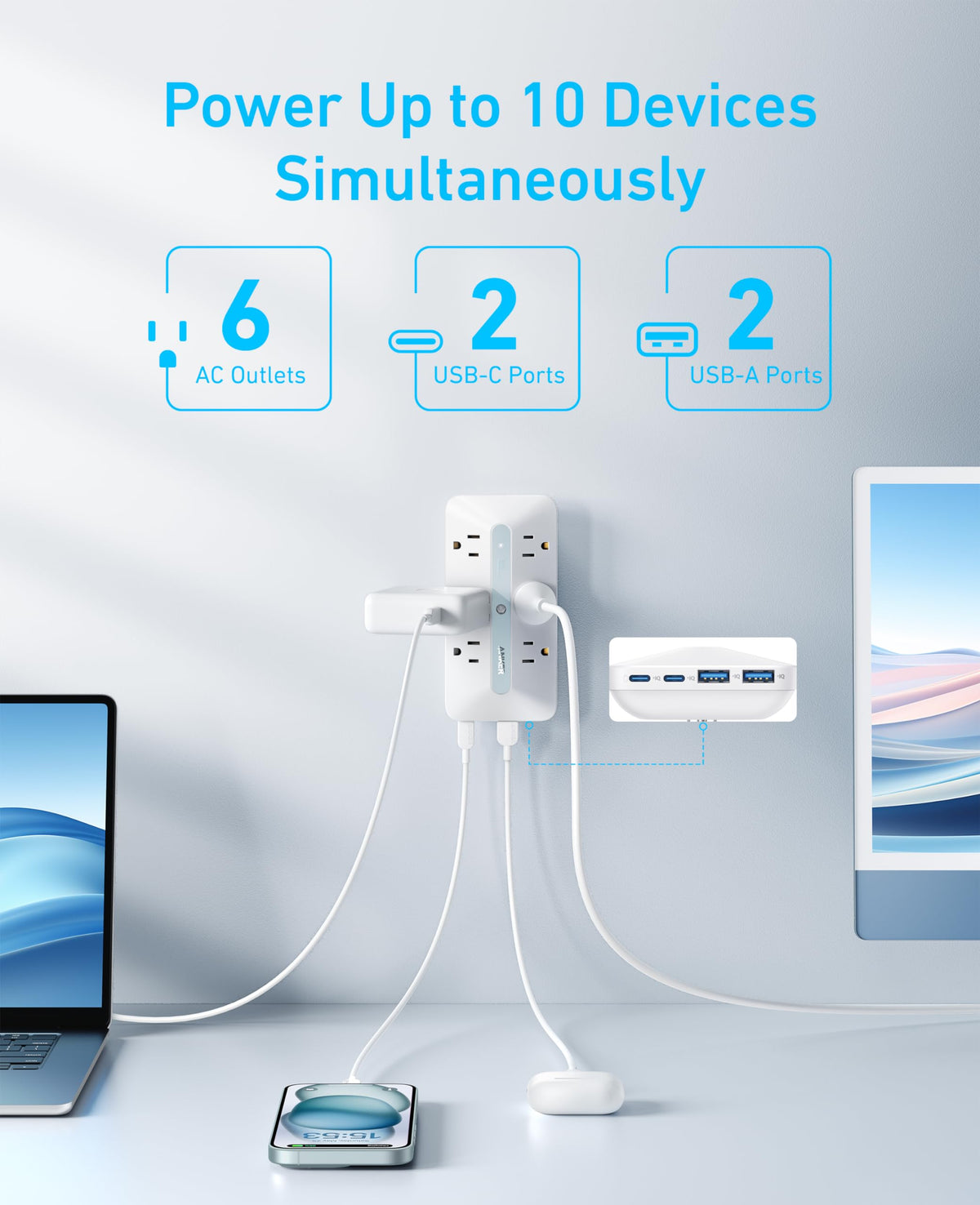 Anker Outlet Extender top view highlights slim profile near wall
