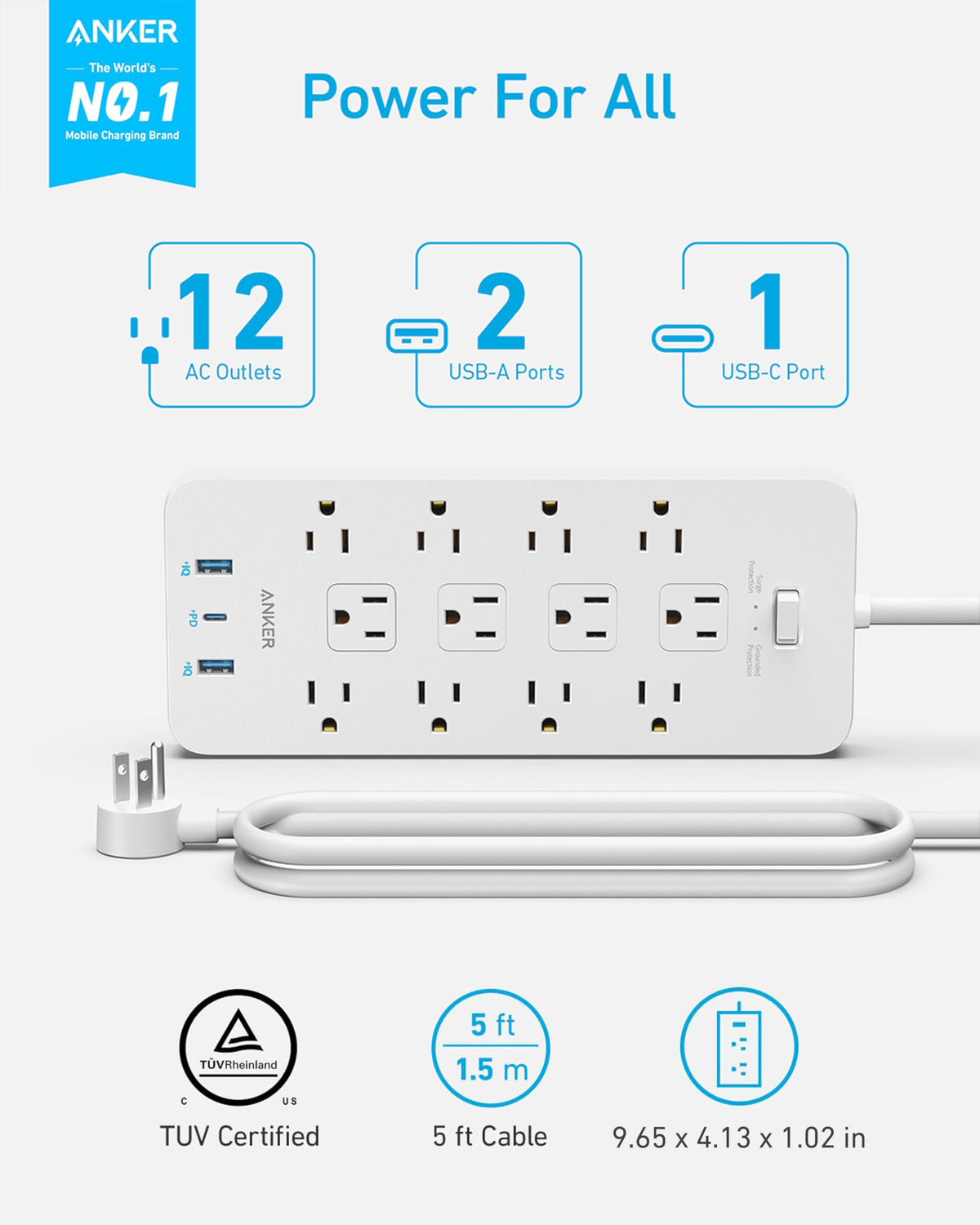 Anker close-up of outlet spacing illustrating easy use with large plugs