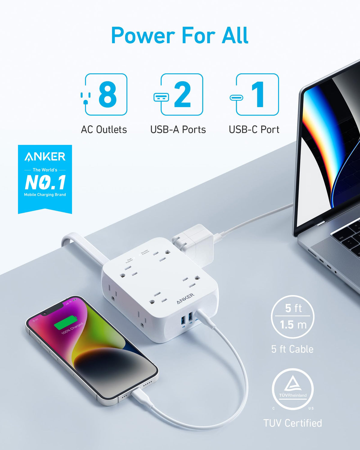Anker flat plug close-up showing low-profile angle for tight wall spaces