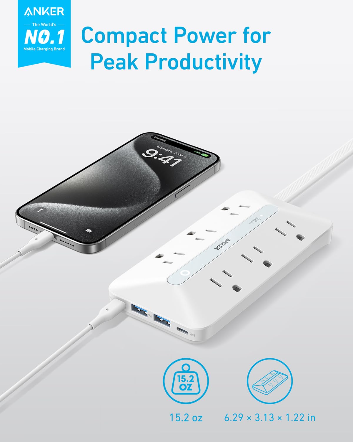 Anker flat plug detail demonstrating low-profile design for close-to-wall placement