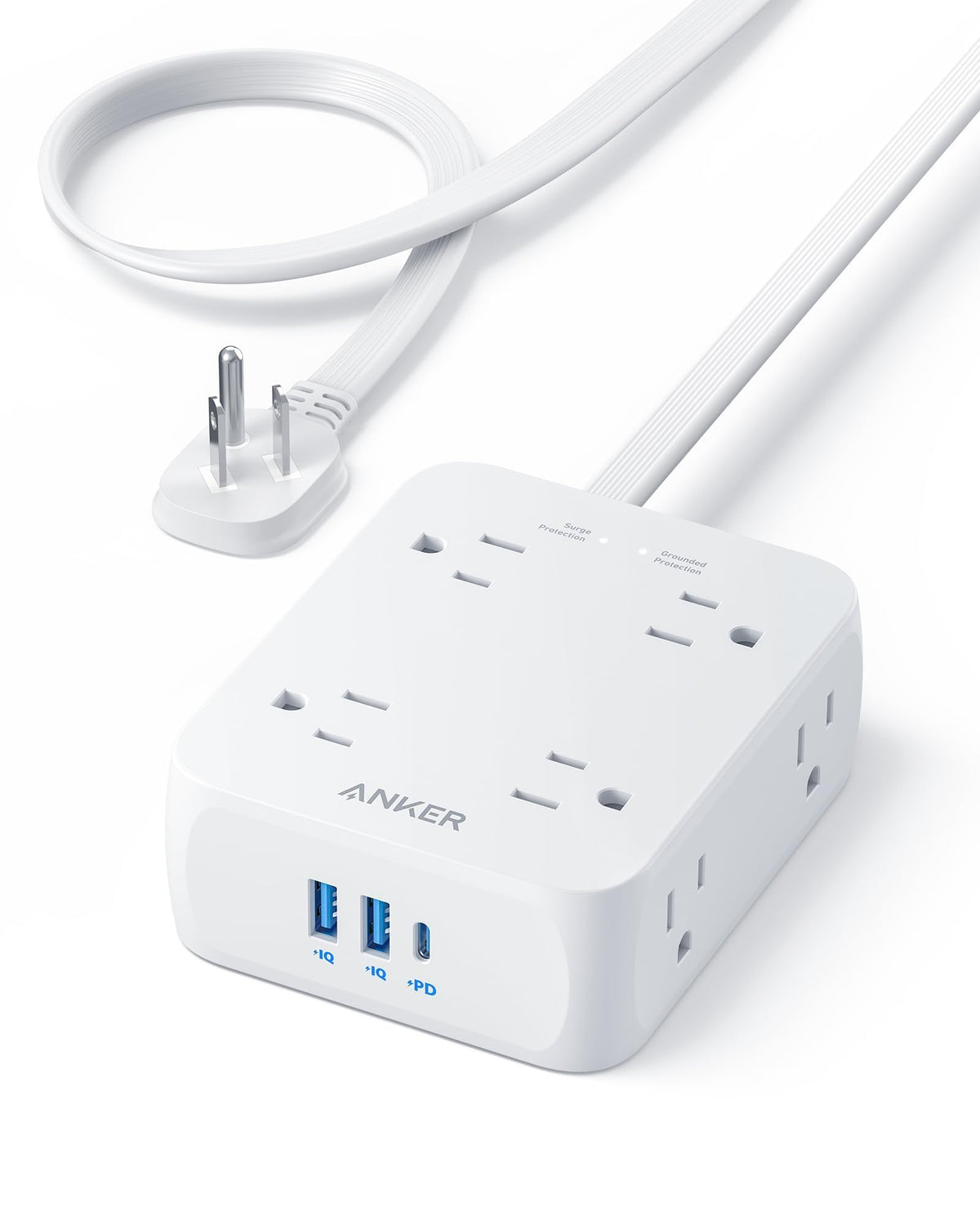Anker power strip front view showing outlets and ports for convenient device charging