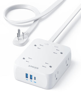 Anker power strip front view showing outlets and ports for convenient device charging