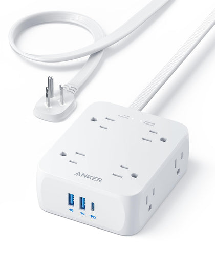 Anker power strip front view showing outlets and ports for convenient device charging