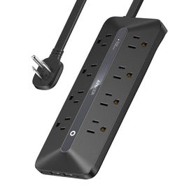 Anker power strip front view showing all outlets and USB ports for efficient charging
