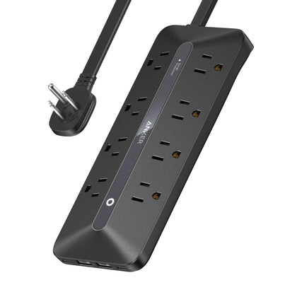 Anker power strip front view showing all outlets and USB ports for efficient charging