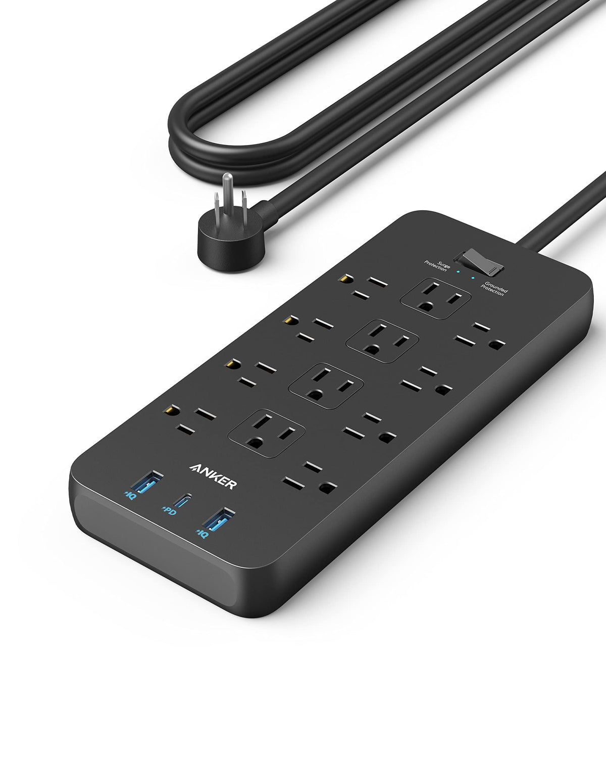 Anker front view showing all outlets and ports, clear organization for many devices