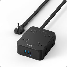 Anker power strip front view showing outlets and ports for organized charging