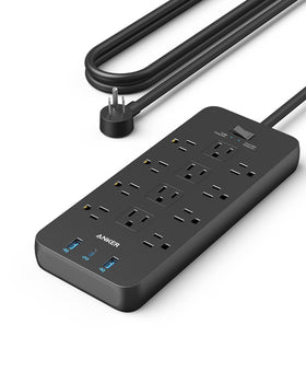 Anker power strip front view showing outlets and switch for organized power