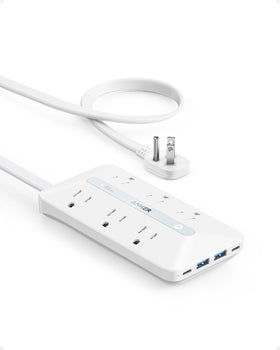 Anker power strip front view showing ports and neat layout for organized charging
