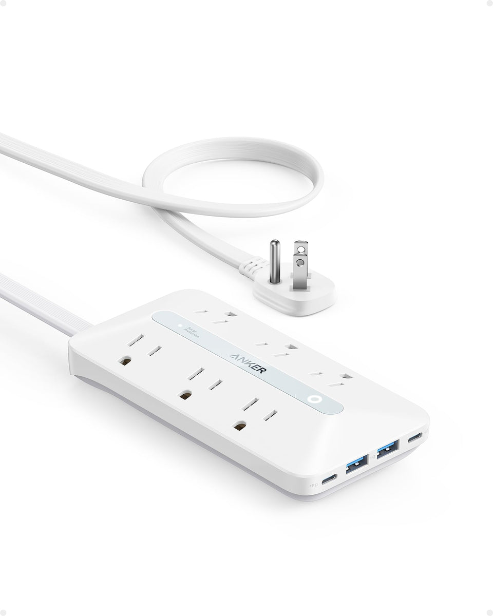 Anker power strip front view showing ports and neat layout for organized charging
