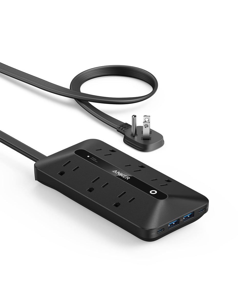 Anker power strip front view showing ports and tidy layout for organized charging