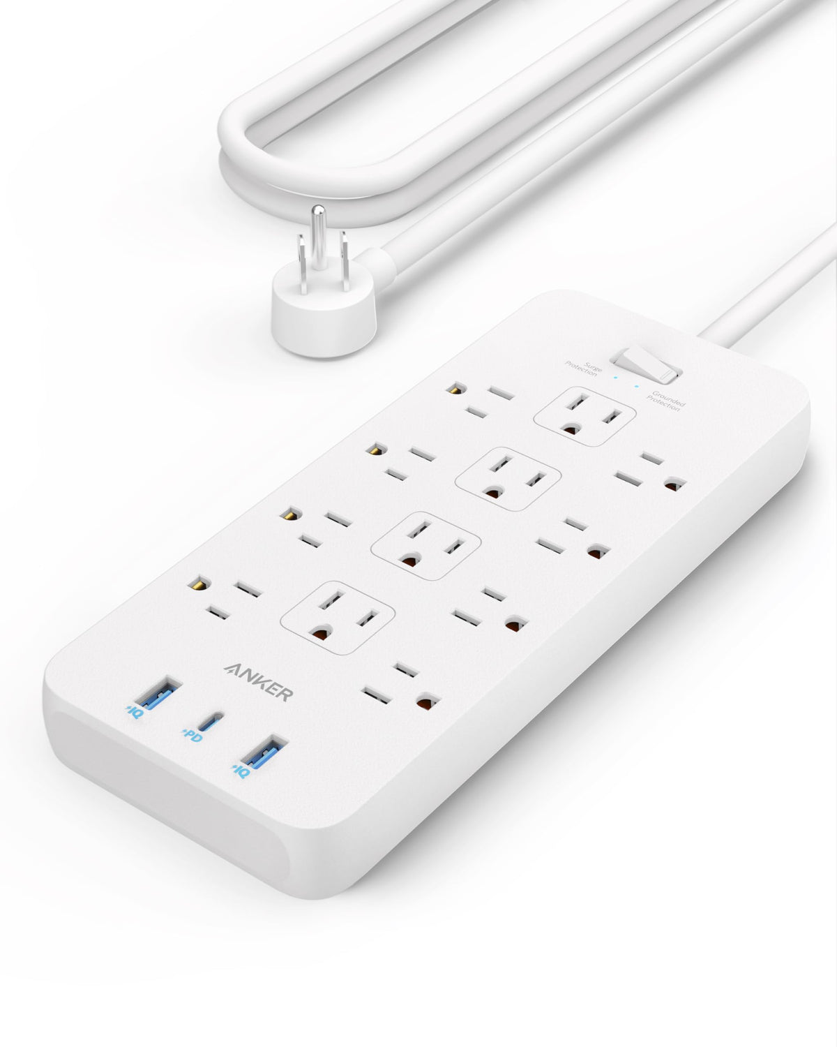 Anker power strip front view showing all 12 outlets and ports for broad connectivity