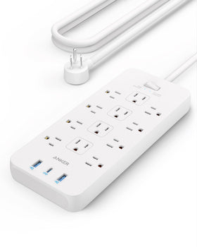 Anker power strip front view showing all 12 outlets and ports for broad connectivity