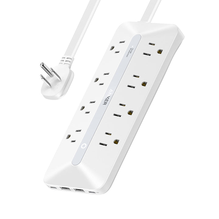 Anker power strip front view showing 8 AC outlets and USB ports for organized charging
