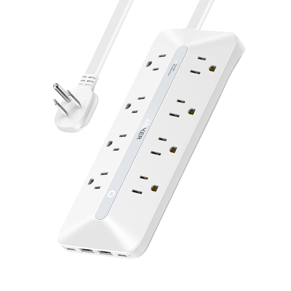 Anker power strip front view showing 8 AC outlets and USB ports for organized charging