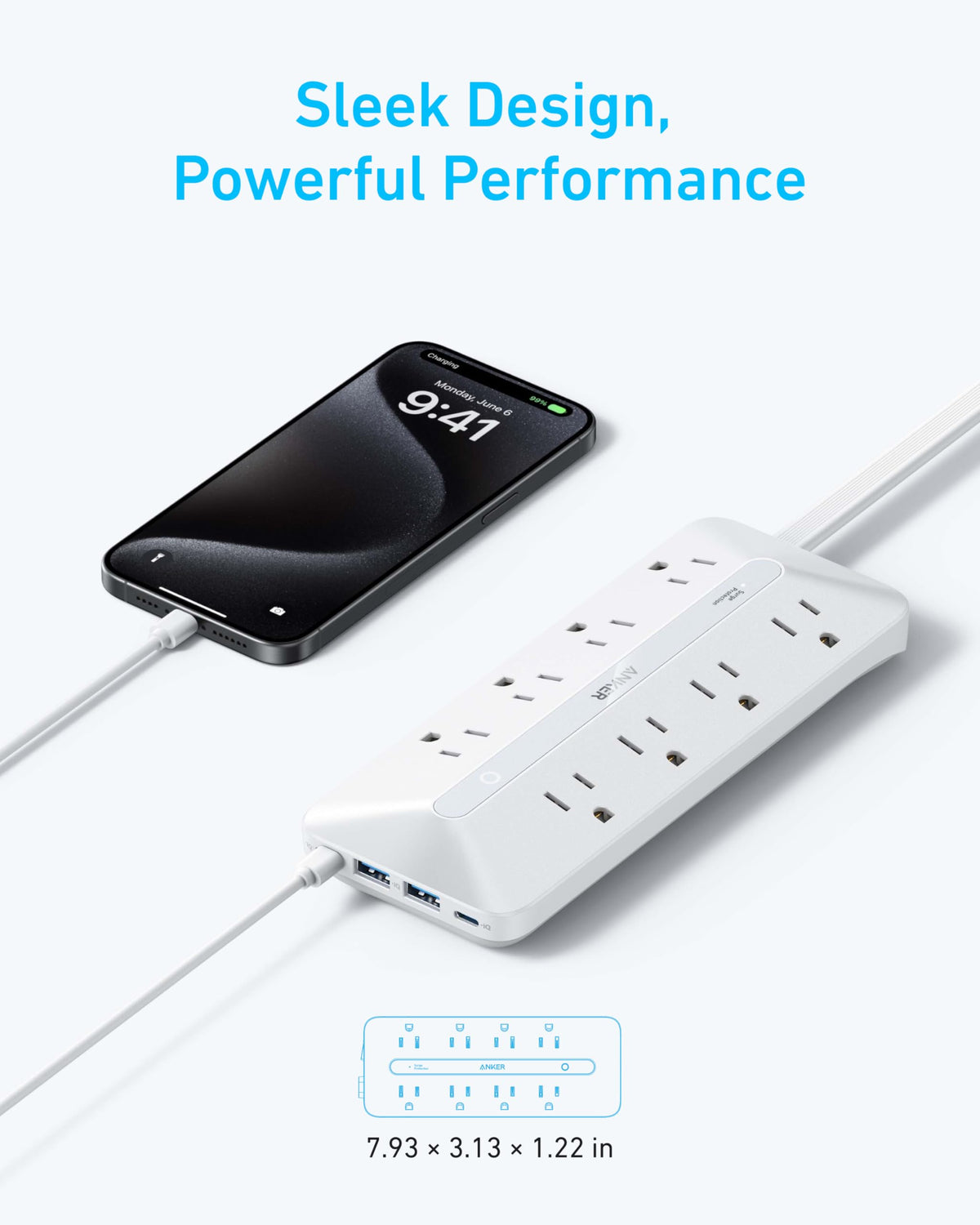 Anker power strip in desk setup powering laptop, lamp and monitor to declutter workspace