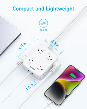Anker power strip in use on desk powering laptop and accessories for organized workspace
