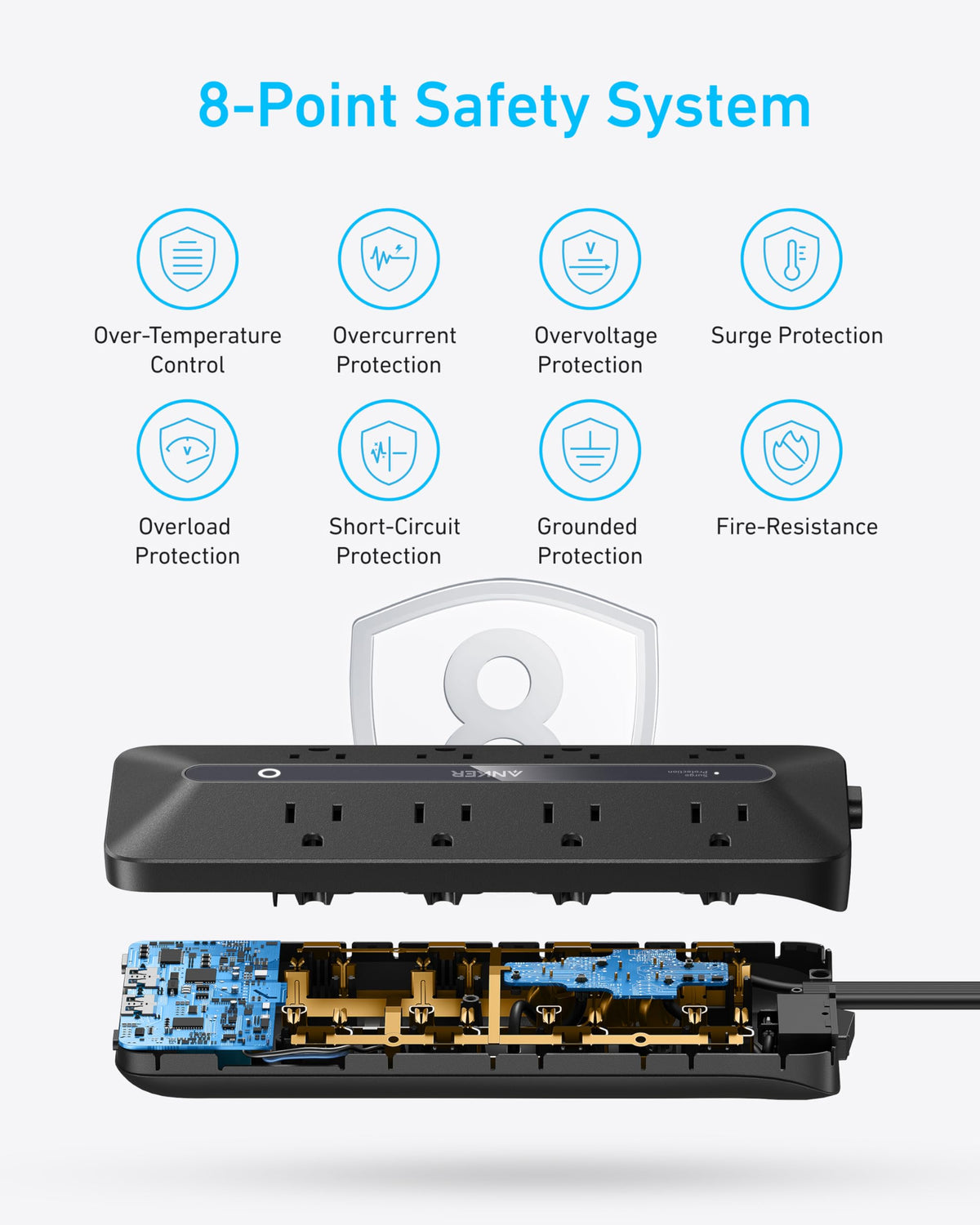 Anker power strip on home office desk powering laptop lamp and phone