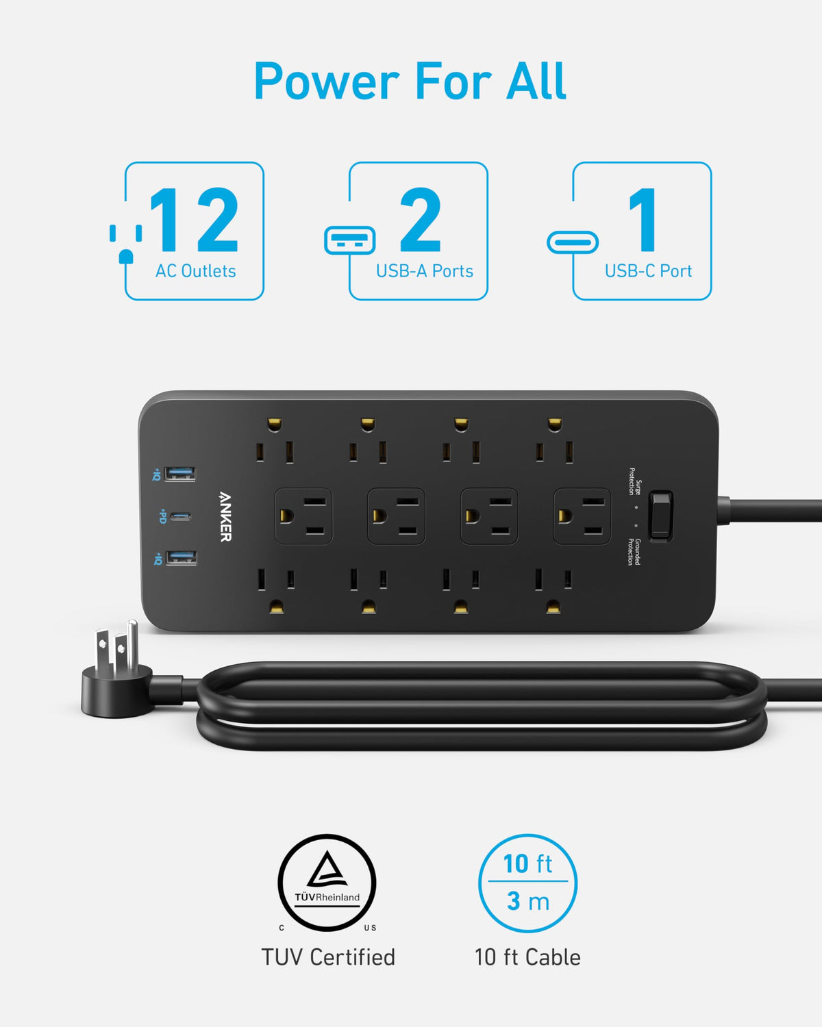 Anker power strip lifestyle home office scene providing tidy charging and surge protection
