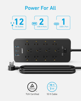Anker power strip lifestyle home office scene providing tidy charging and surge protection