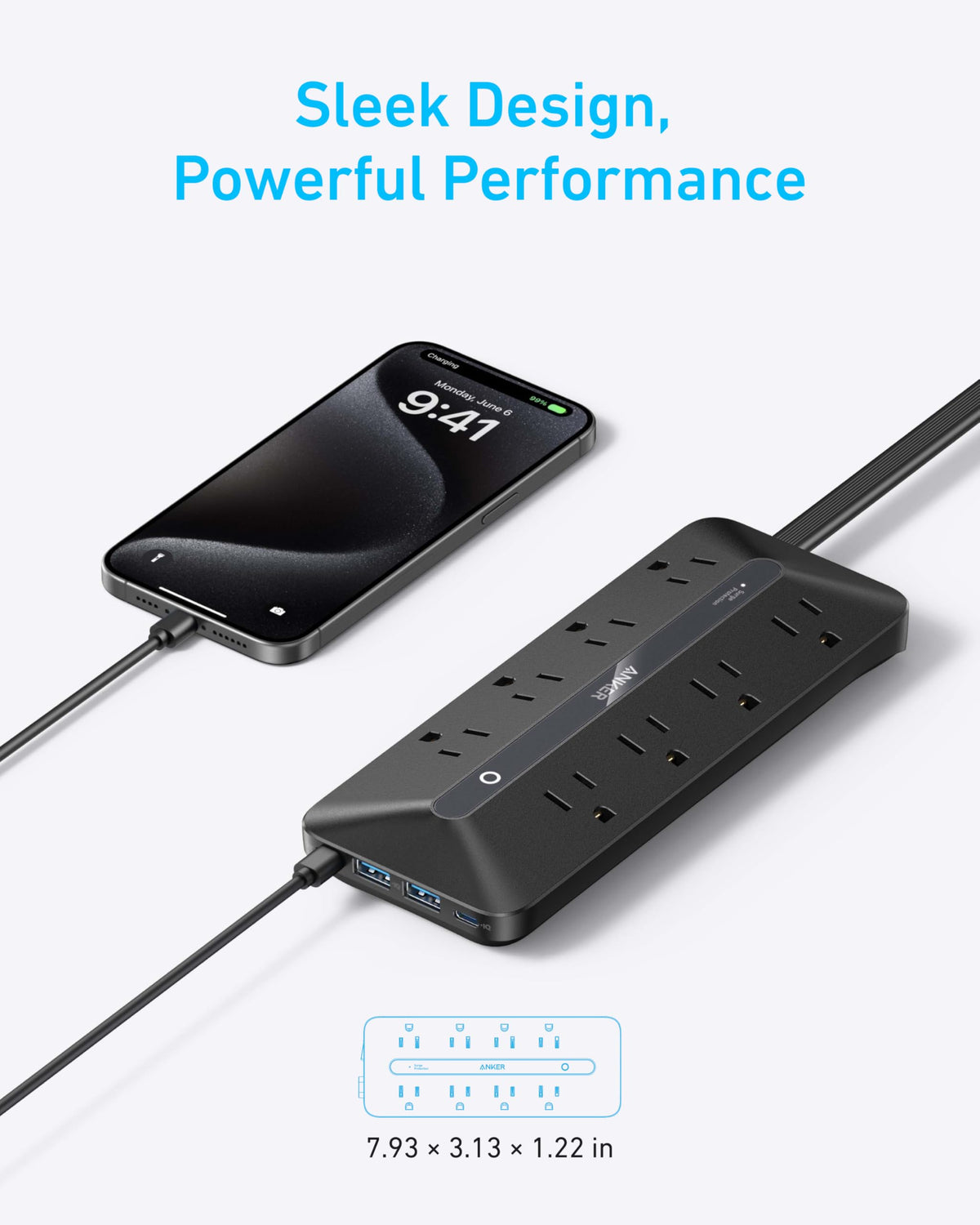 Anker power strip mounted under desk keeping cables tidy and organized