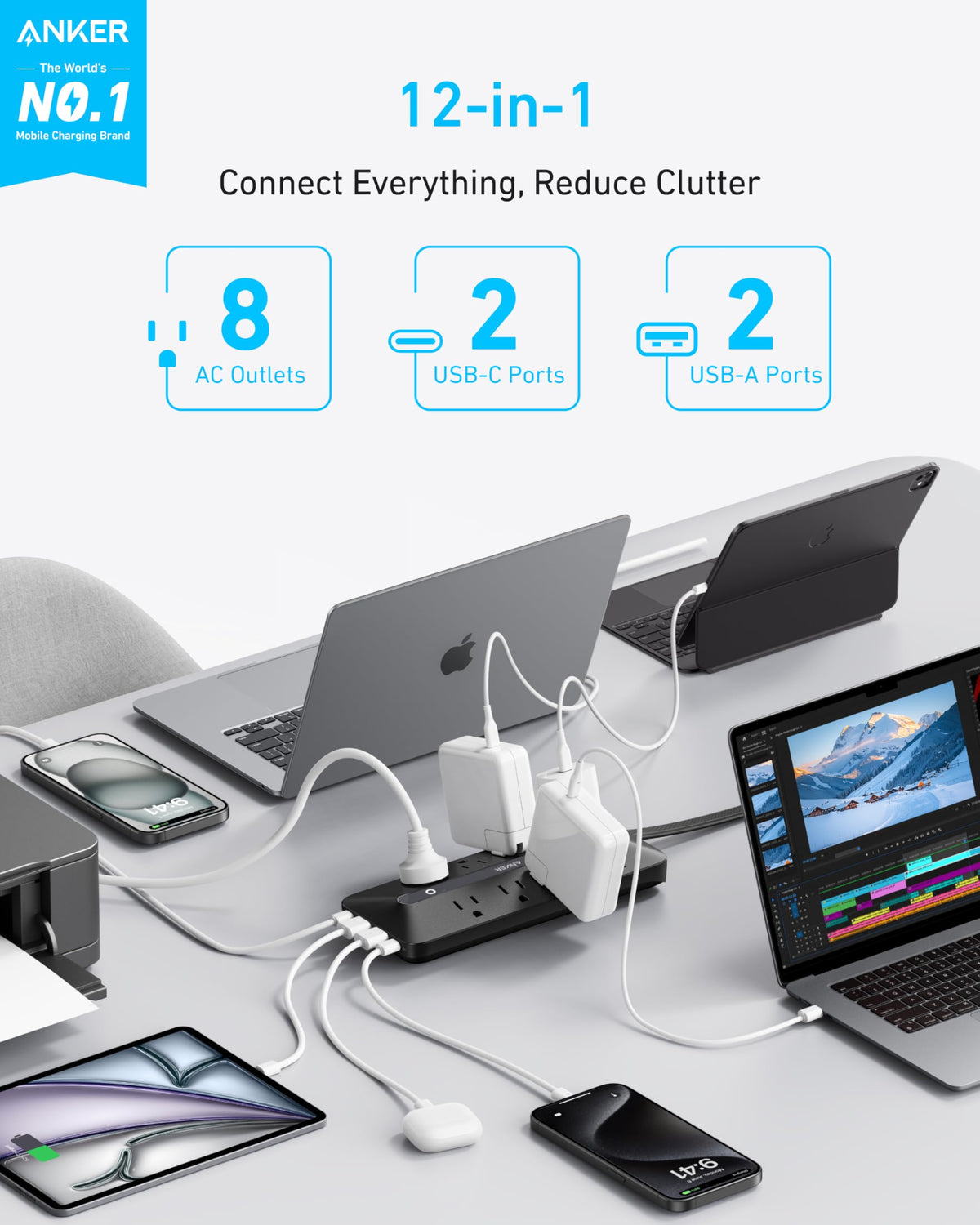 Anker flat plug and 5ft cord closeup fitting behind furniture for space-saving