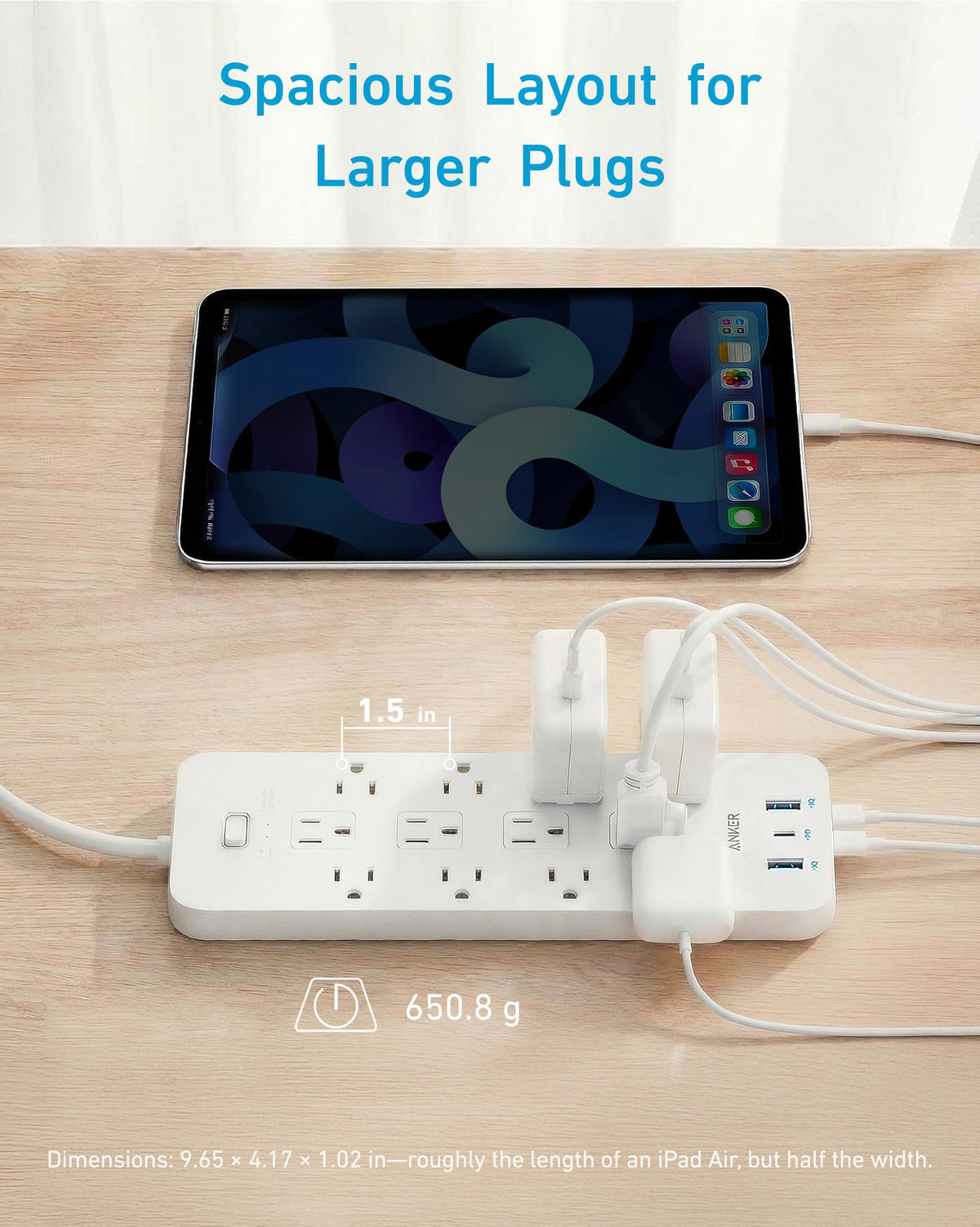 Anker power strip plugged into wall showing 5ft cord for flexible placement