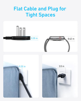 Anker power strip held in hand to illustrate compact size and portable benefit