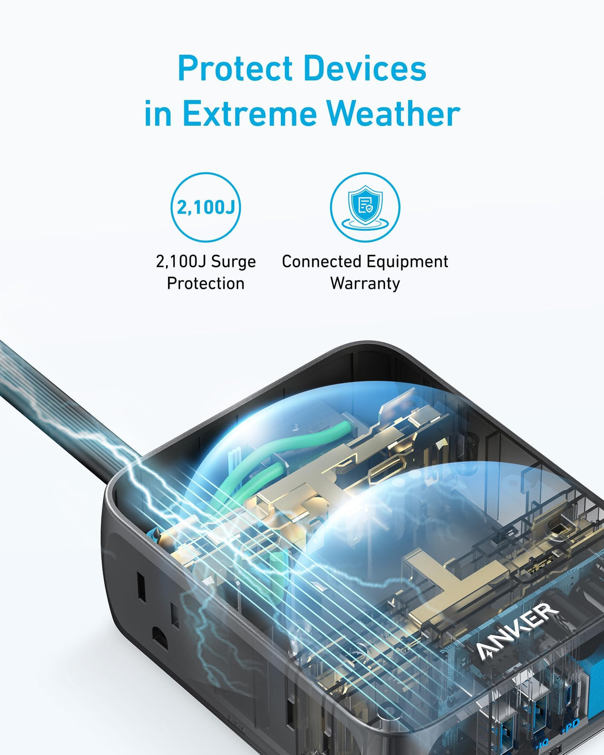 Anker power strip next to smartphone showing compact size and portability